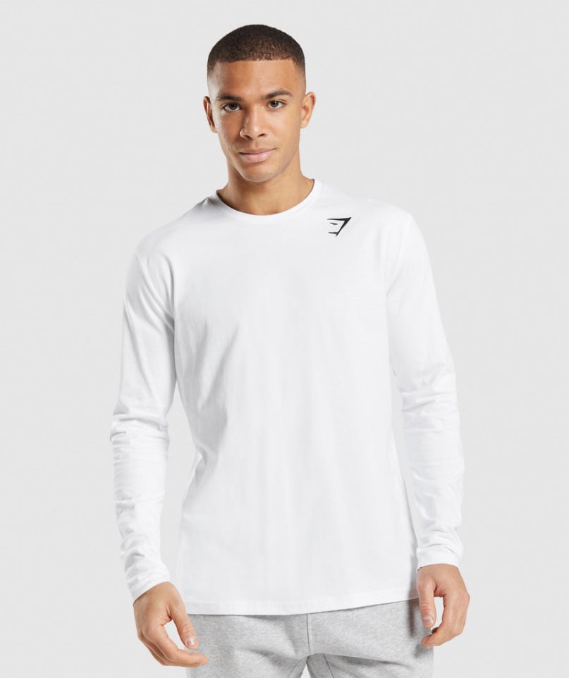 Men\'s Gymshark Crest Long Sleeve T-Shirts White | NZ 7ZBOPT